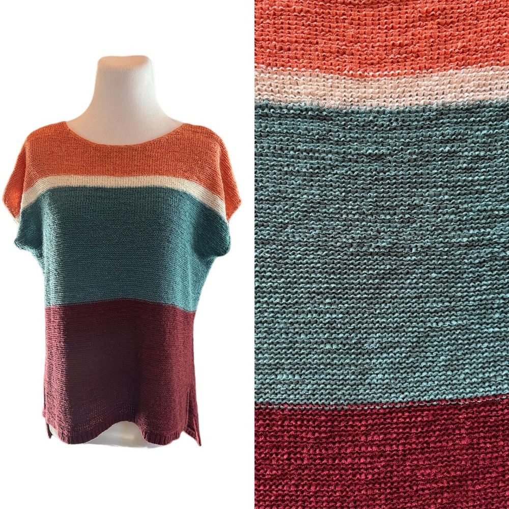 Loft S Acrylic Teal Maroon Orange Wide Stripe Sleeveless Knit Tunic Sweater Top